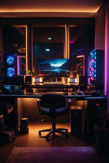 Algemeen beeld van de thuiswerkplek van professionele gamer met professionele gaming-opstelling op desktop