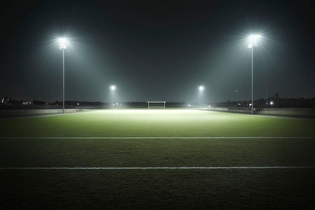 Algemeen grasstadion verlicht door schijnwerpers en open groene grasspeelplaats AI-technologie gegenereerd beeld