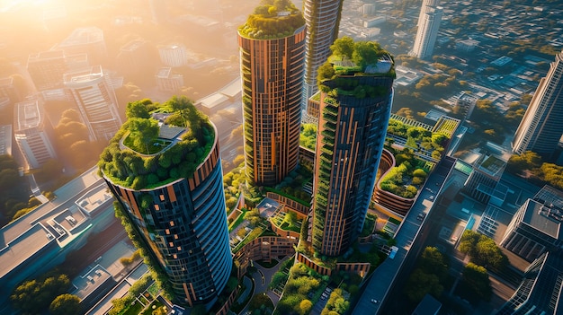 Algemeen plan van een grote stad met drie wolkenkrabbers en planten op de daken Eco-duurzame stad