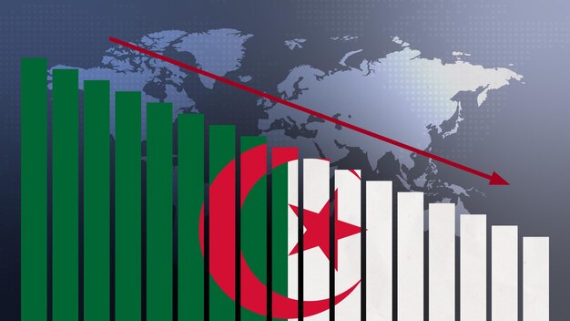 Algeria flag on bar chart concept with decreasing values concept of economic crisis politics conflicts war concept with flag