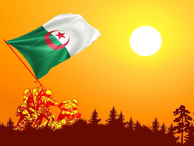 Algeria national flag hoisting by brave freedom fighters veterans symbol of national independence