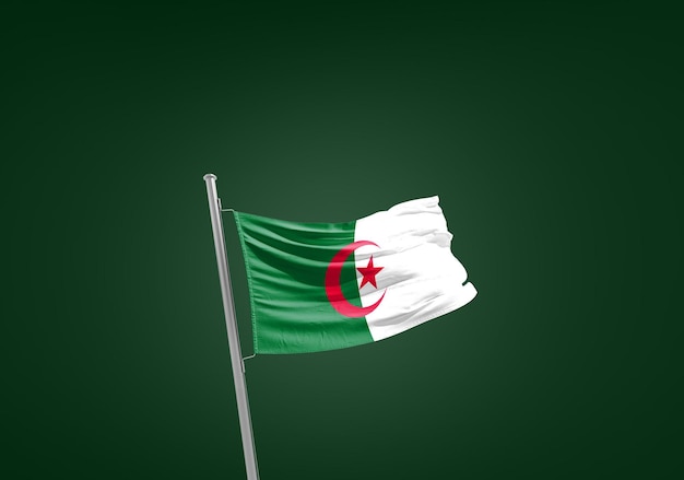 Algeria national flag waving in green background.