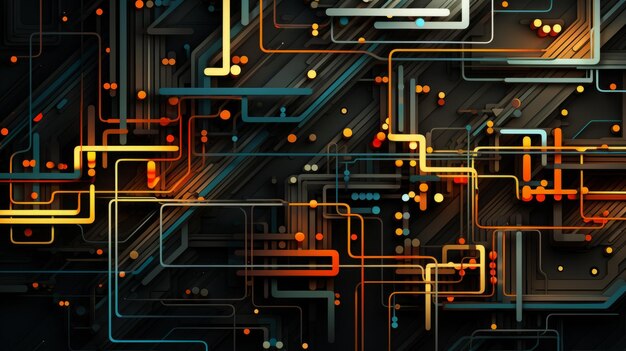 Algorithmic Art Wallpaper With Dark Colored Abstract Wires And Orange Lines