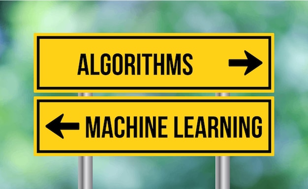 Algorithms or machine learning road sign on blur background