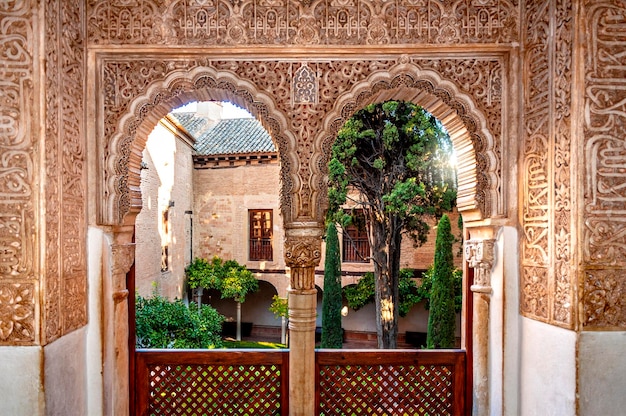 The Alhambra in Granada Spain Interior view of one of its gardens