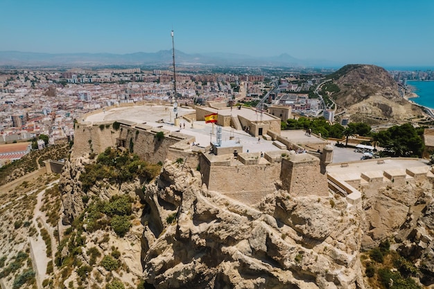 Alicante Santa Barbara castle with aerial view at the famous touristic city in Costa Blanca Spain