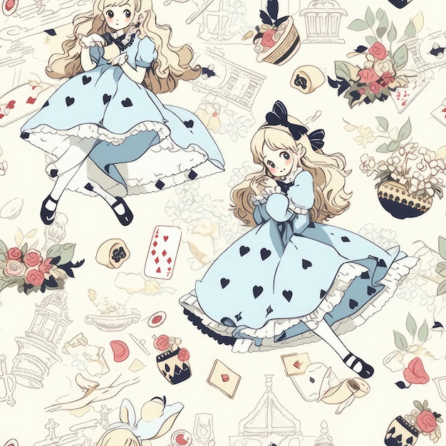 Alice in Wonderland tekening illustratie naadloos patroon