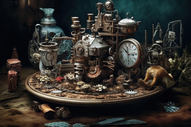 Alice in Wonderland Cheshire cat white rabbit Alice in blue dress drink tea Alice through the Looking Glass Generative AI