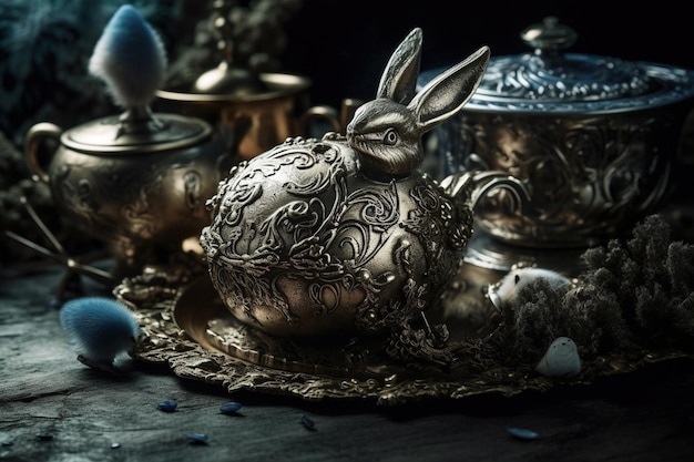 Alice in Wonderland Cheshire cat white rabbit Alice in blue dress drink tea Alice through the Looking Glass Generative AI