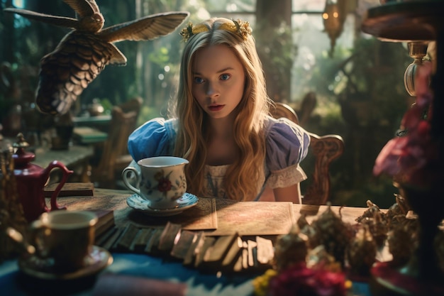 Alice in Wonderland Cheshire cat white rabbit Alice in blue dress drink tea Alice through the Looking Glass Generative AI