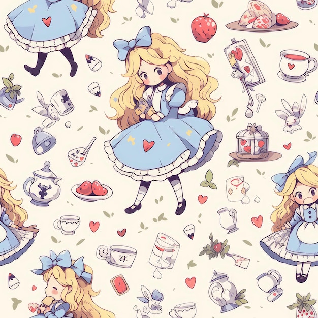 Alice in wonderland drawing illustration seamless pattern