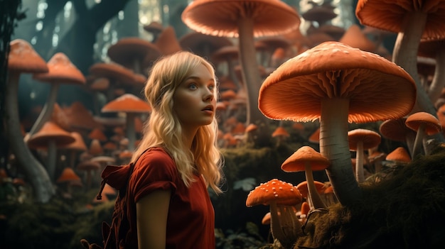 Alice in Wonderland a fabulous forest of big mushrooms a girl in a fairy tale Mushrooms trees toadstools fly agarics
