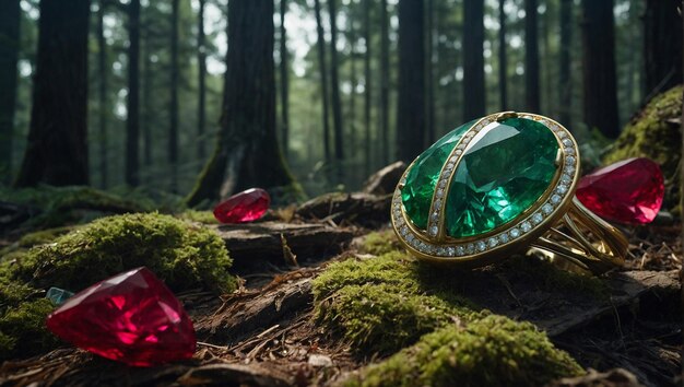 alien artifacts from gold and rubies in an abandoned forest