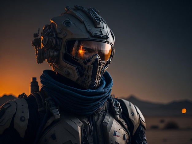An alien astronaut wearing a helmet and goggles against the background of the setting sun