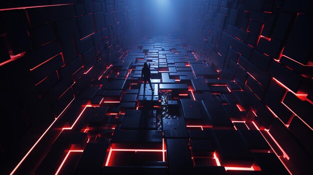 Alien base interior with laser labyrinth in 80s scifi action style