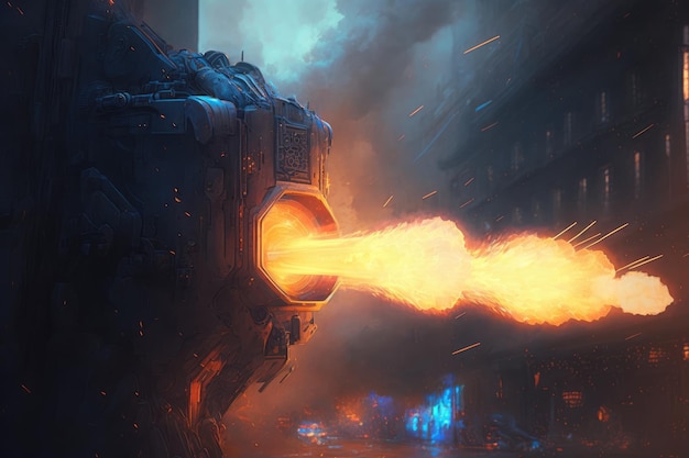 생성 AI로 만든 거리에서 불과 연기가 타오르는 도시의 외계인 블래스터