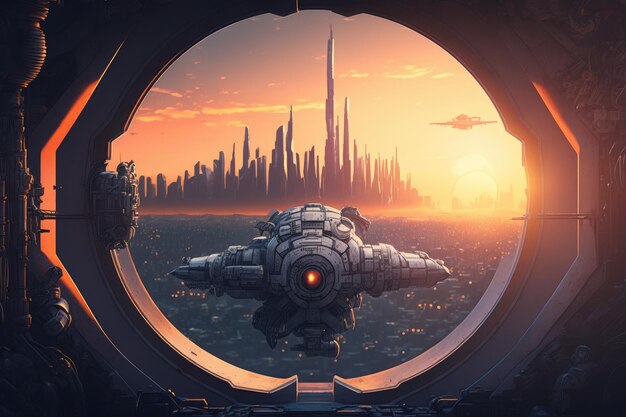 地平線に着陸する宇宙船を望む都市のエイリアンブラスター