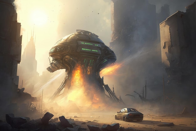 생성 AI로 생성된 도시의 폐허가 된 건물과 연기로 둘러싸인 외계인 블래스터