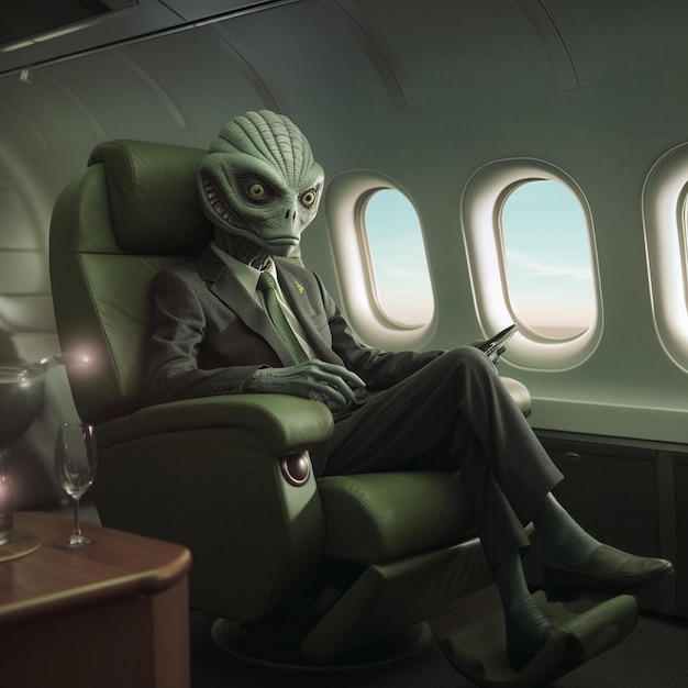 a alien in a chair with a glass on the side of it