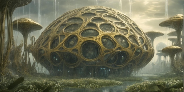 Alien City In The Wetlands On An Alien Planetflowers Waterdrops Rain Forest Intricate Artwork