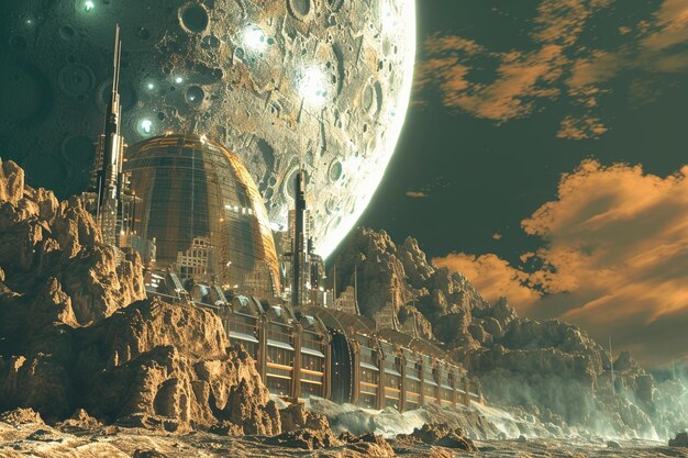 Photo alien civilization building massive structures on