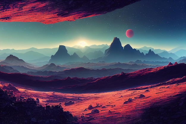 Alien desert planet with mountains rocks and stars shining in space 3d illustration