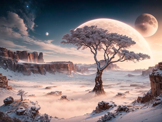 Alien Desert with snow distorted tree and moon ice soft colours pastel blue sky sad AI Ilustration 2