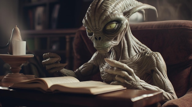 Foto alien die een boek leest generatieve ai