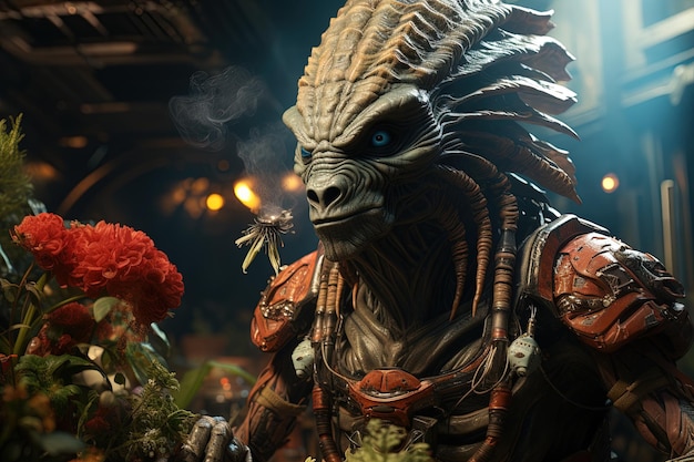 Alien on a distant planet smoking marijuana ganja from giant bong illustration generative ai