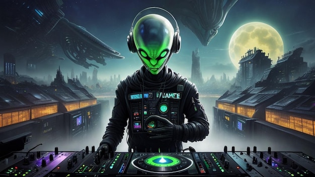 Alien dj face to camera in front of a futuristic city