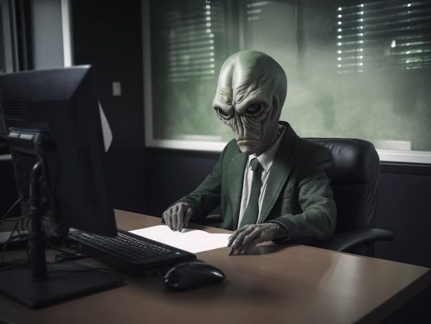 An alien dressed as a businessman sitting in a desk inside an office