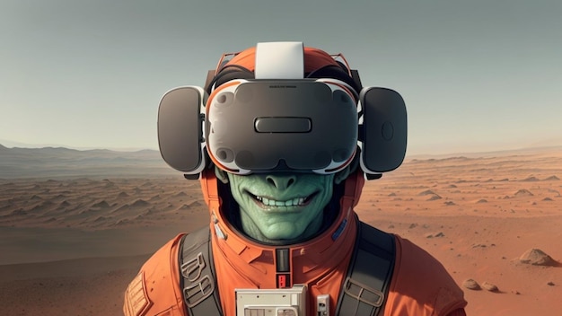 フェイスマスクを付けて仮想現実のヘッドギアを体験するエイリアン