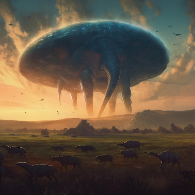 An alien flying over a herd of sheep generative ai image