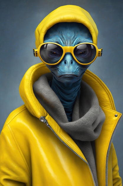 Alien from deep space wearing yellow coat hat and glasses illustration generative ai