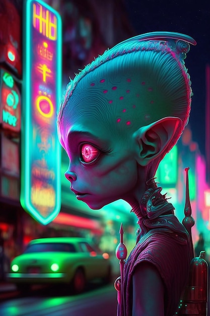 Alien in front of a neon sign