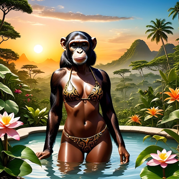 In an alien garden a lady anthropomorphic chimpanzee wearing a bikini basks in the last rays of the