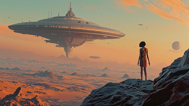 Alien girl on another planet spaceship in the background