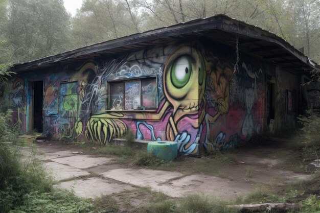 Инопланетный художник-граффити использует аэрозольную краску для украшения заброшенного здания, созданного с помощью генеративного ИИ