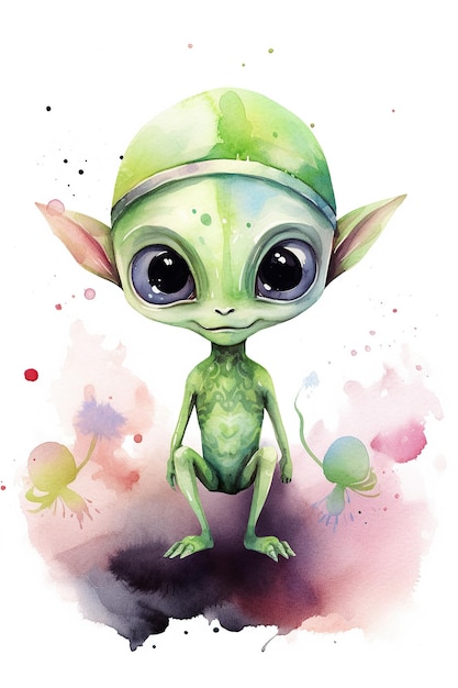 Alien green watercolor clipart cute isolated on white background with Generative AI