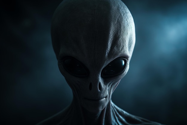 an alien head is shown in a dark background