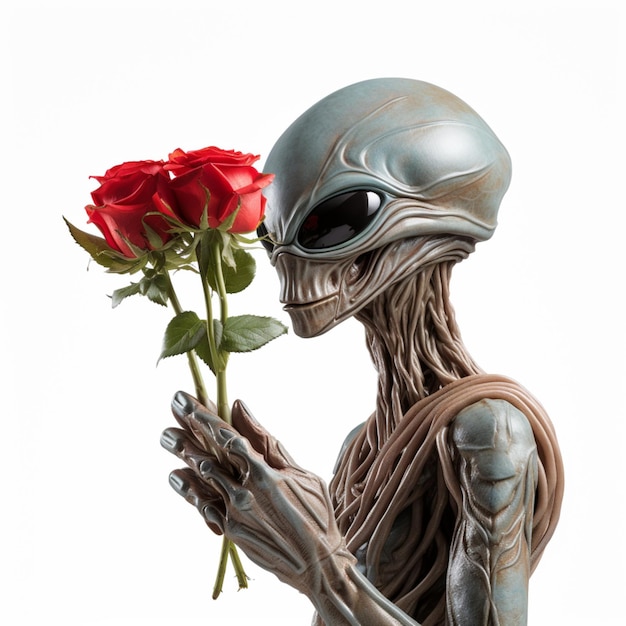 Alien holding red rose flower heart