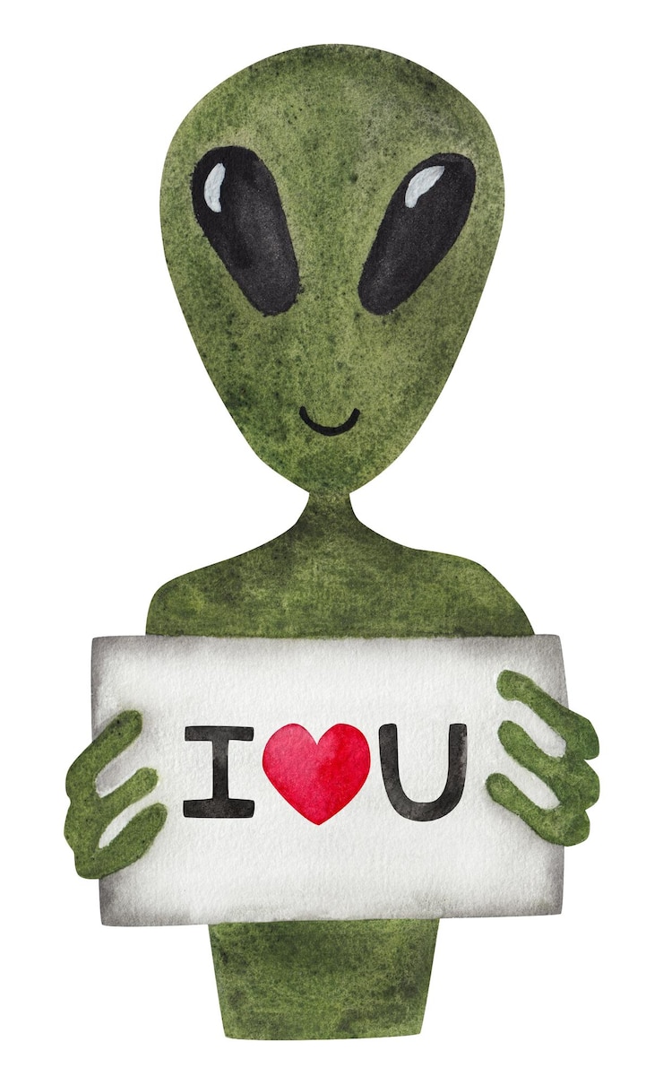 Photo alien holding a sign with the inscription i love you valentine's day watercolor illustration