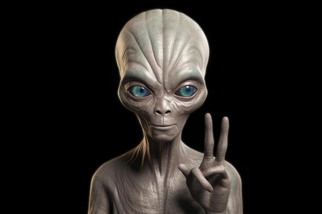 Photo alien humanoid shows peace gesture on dark background generative ai