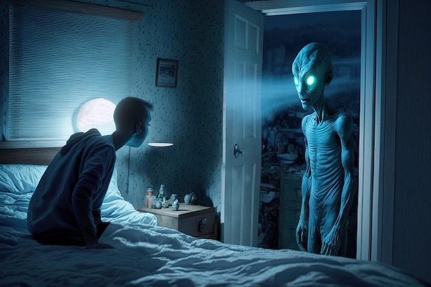 Alien humanoid visits man in his bedroom at night illustration generative AI