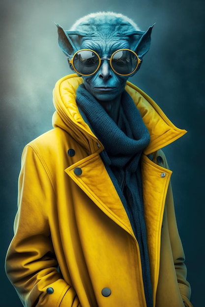 Alien humanoid wearing yellow leather coat and sunglasses illustration generative AI