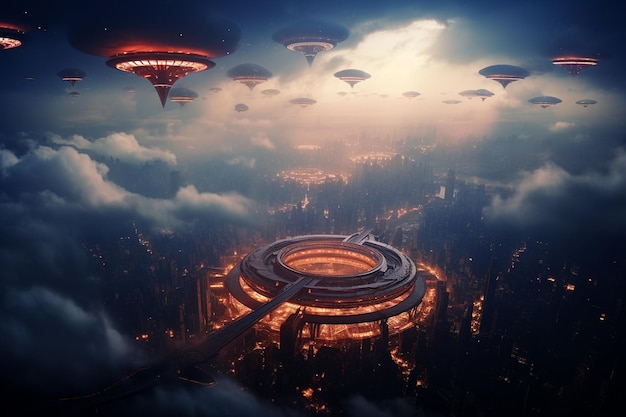 Photo alien invasion fleet descending from the clouds toward a densely populated city