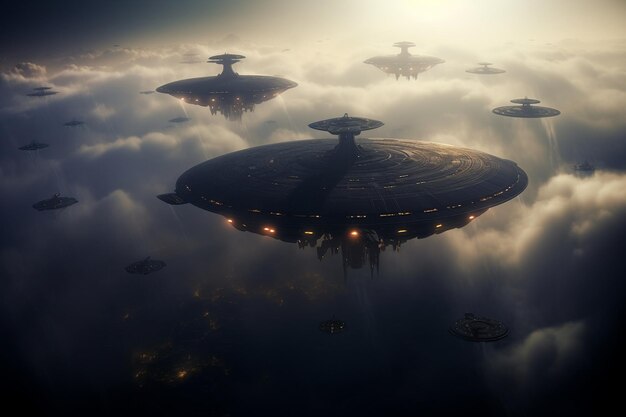 Photo alien invasion fleet descending from the clouds toward a densely populated city