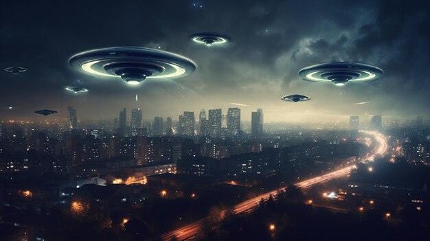 エイリアンの侵攻UFOが街の上を飛ぶ