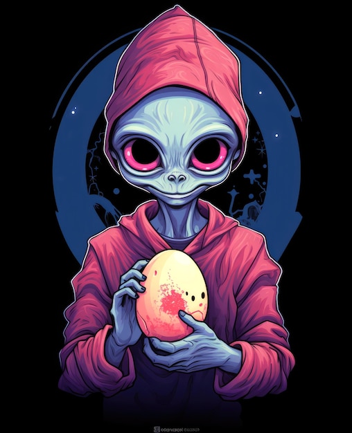 L'alieno tiene in mano un uovo di pasqua, un personaggio di cartoni animati sci-fi.