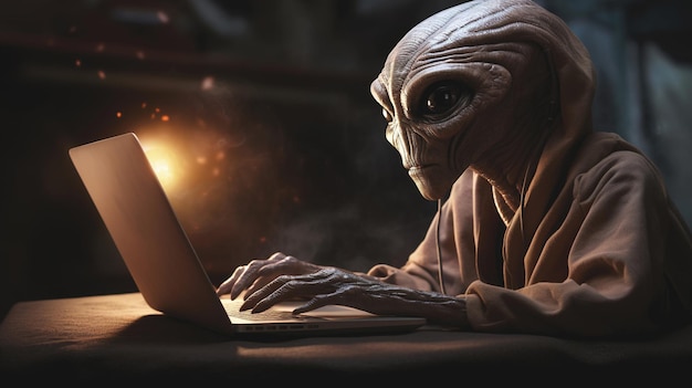 The alien is working on a laptop closeup